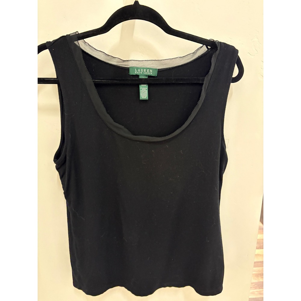Lauren Ralph Lauren Black Sleeveless Scoop Neck Tank Top Mesh Trim Size Large